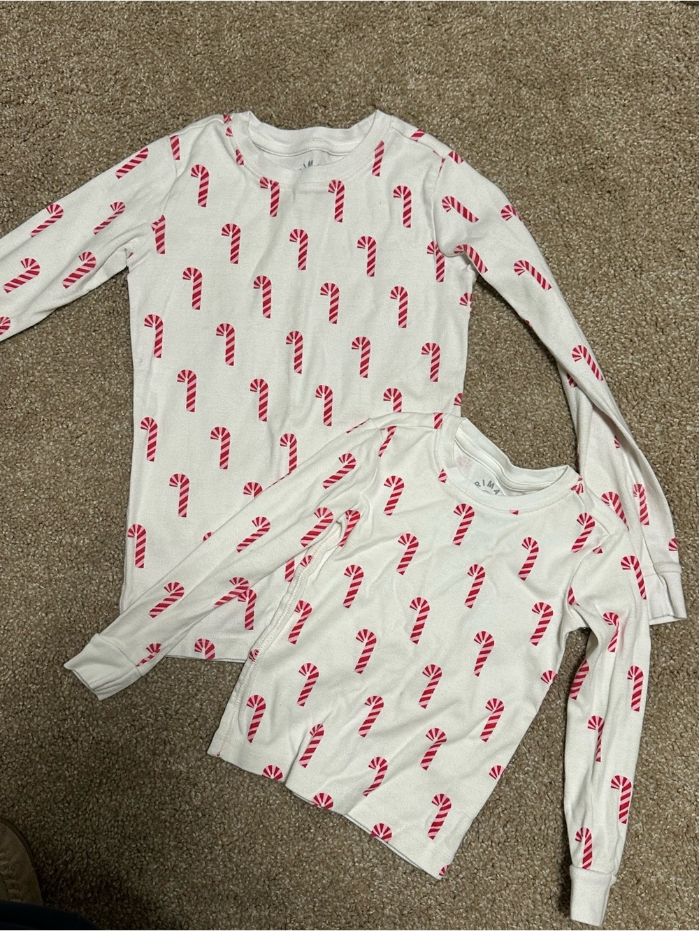 Primary White Kids Pajama Tops with Red Candy Cane Print